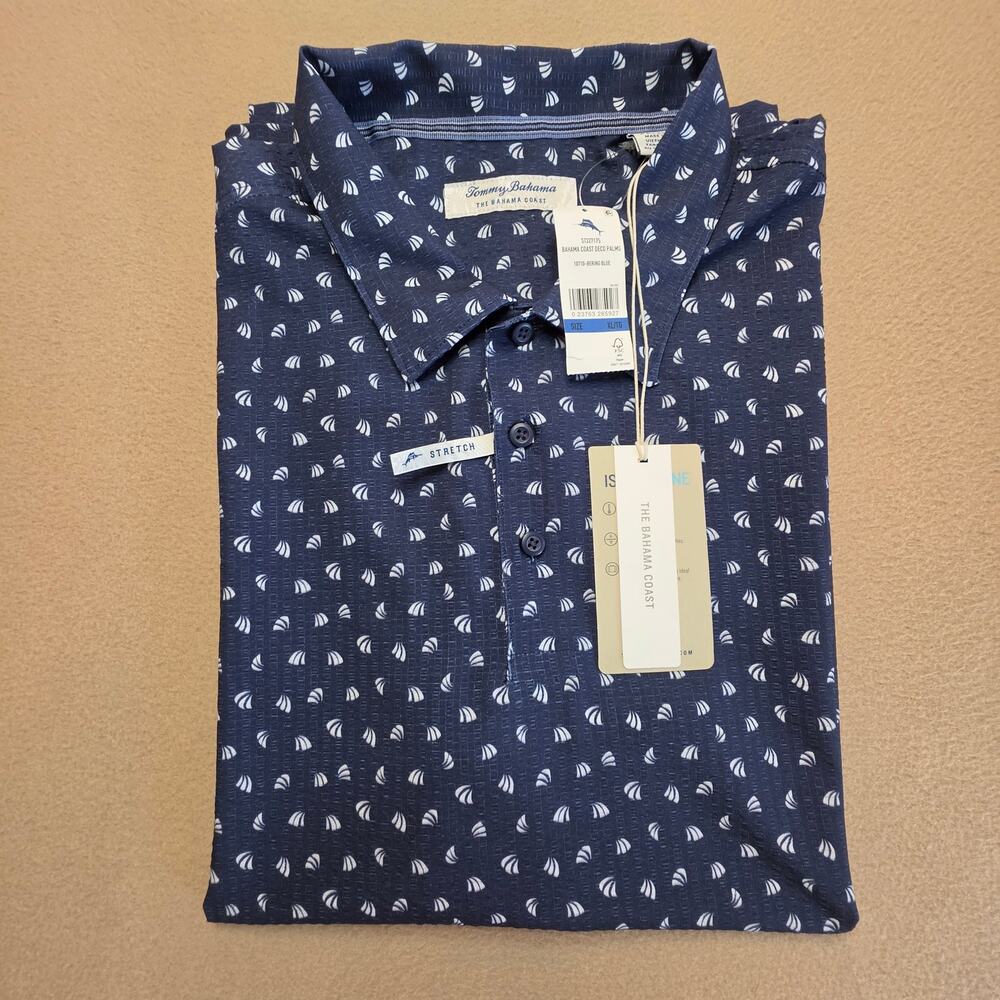 Tommy Bahama Bahama Coast Deco Palms IslandZone Polo Shirt Bering Blue Sz XL NWT